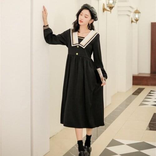 BLLOCUE Black Yellow Navy Collar Autumn Winter Long Sleeve Dress Fashion Temperament Long Dresses vestidos