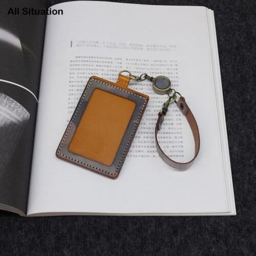 Luxury Vertical ID Badge Tag First Layer Cow Leather Top End Camouflage Color Elastic Easy Pull Buckle Identity Bus Card Set