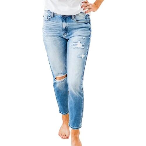 Ripped Jeans For Women Denim Trousers Pantalones Anchos Mujer Sky Blue Wash Distressed Mid Waist Femme Pants 2021 Calsas Feminin