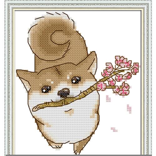 The dog gently bites the peach blossoms cross stitch kit aida 14ct 11ct count print canvas embroidery DIY handmade needlework