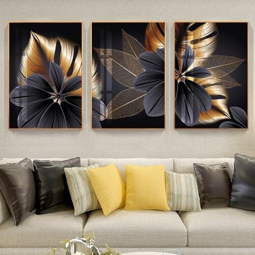 Modern Minimalist Abstract Golden Leaf Plant Decorative Painting Nordic Home Decor Canvas Print Art For Living Room Black Poster