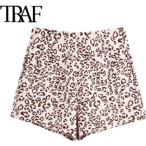 TRAF Women Chic Fashion Animal Print Side Pockets Shorts Vintage High Waist Back Zipper Female Short Pants Mujer