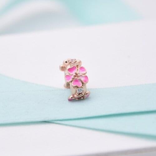 Spring Peach blossoms flower rose clip charms 925 sterling silver beads charm fit bead bracelets bangles DIY for jewelry making