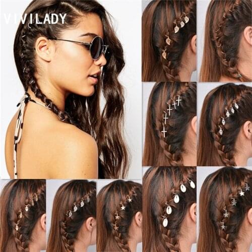 VIVILADY Set Small Circle Dreadlocks Locs Women Hairwear Chic Alloy Leaf Star Cross Shell Pendant DIY Headdress Hip