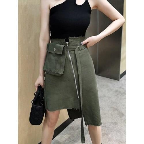 Streetwear Fashion Irregular Casual Skirt Belt Collect Waist Zipper A-line Skirts 2021 Spring Women Clothing