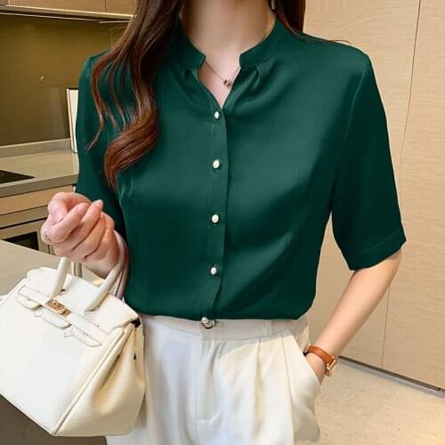 Short-sleeved Shirt Female 2021 Summer Green Women Elegantes Fashion Clothing Satin Chiffon Blouses Blusas Tops Mujer Solid 1095