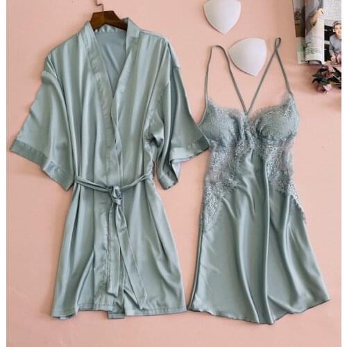 Women Blue Lace Sleepwear Satin Kimono Robe Set Sexy Intimate Lingerie Summer New Home Clothing Nightwear Casual Homewear