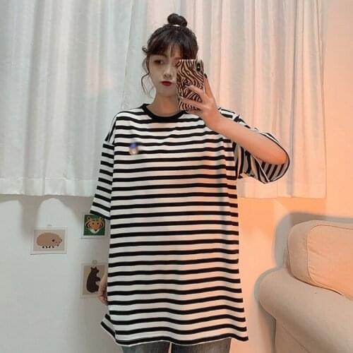 Summer Women T-shirt Brand Cartoon Striped Print Cotton T Shirts Female O-Neck Short Sleeve Tshirts Casual Loose Solid Tees Tops