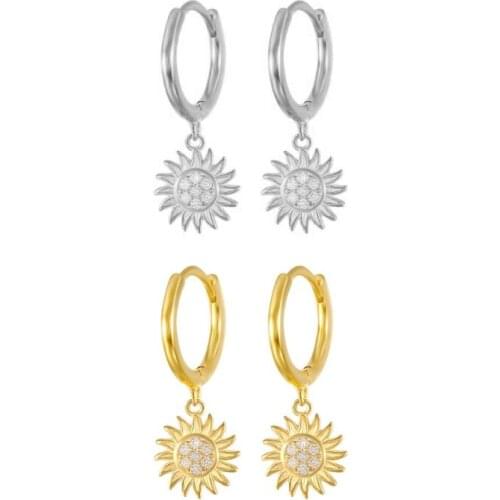 Gold Silver Color Crystal Zirconia Sunflower Pendant Hoop Earrings Small Circle Loop Drop Earrings for Women Jewelry Pendientes