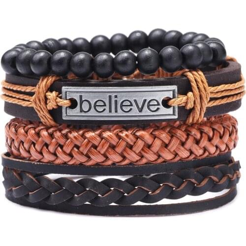 4pcs/set Male Leather Braided Bracelet Vintage Black Wooden Beads Believe Medal Bangle Fashion Wristband Jewelry Accessories