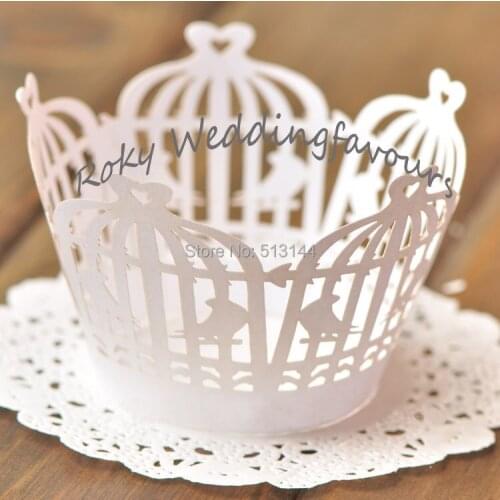 Free Shipping 100PCS Love Bird Cage Cupcake Wrapper Laser Cut Wedding Shower Cupcake Wrapper Pearl Paper Party Supplies Favors