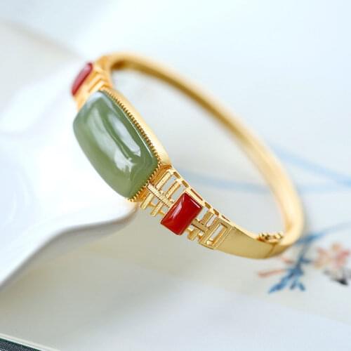 Designer original new natural Hetian Yunan red tourmaline open bracelet fashion personality retro simple ladies silver jewelry