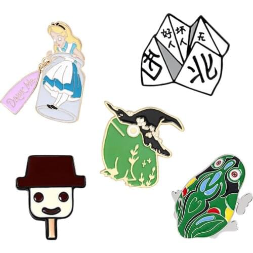 Memories childhood Toys Enamel Brooch doll head Ice cream Frog Prince Jumping Frog Alice Paper folding game Lapel Pin Badge kids