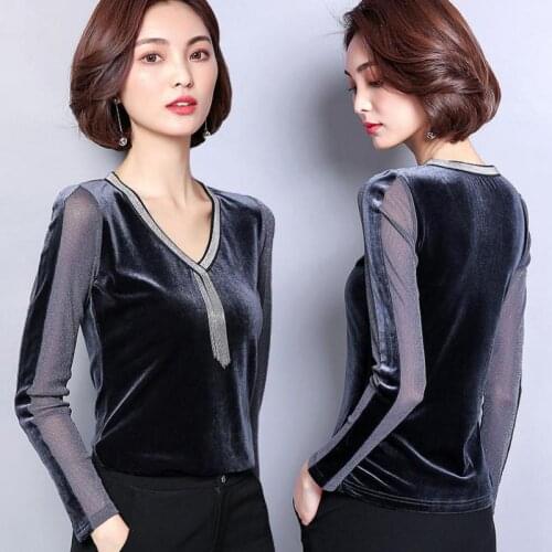 Fall Summer Fashion Elegant Women V Neck Patchwork Full Sleeve Slim Velvet T Shirt , Woman Black Grey 3xl Mesh Velour Fit Shirts