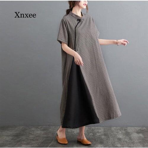 Summer Chinese Style Robe Women Cotton Linen Casual Dress New Vintage Plaid Loose Ladies Elegant Long Dresses Patchwork Clothing