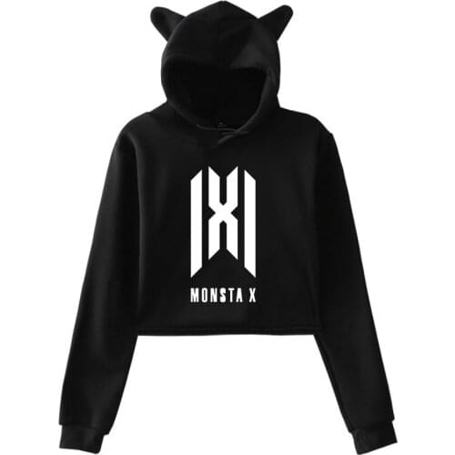 Harajuku Fashion MONSTA X Cropped Hoodie Kpop Cat Ear Crop Top Women Hoodies Winter Sweatshirts Casual Female Pullovers Clothes
