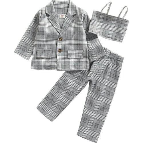 2021 2-7Y Autumn Kids Baby Girl Clothes Set Fashion Plaid Print Vest+Pockets Single Button Long Sleeve Suit Coats+Pants 3pcs