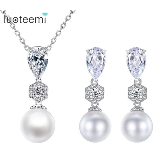 LUOTEEMI Imitation Pearl Women Jewelry Sets Waterdrop Cubic Zirconia Pendientes Ensemble Femme 2 Pièces Wedding Bridal Jewelry