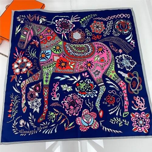 90cm Hand Rolled Famous Race Horse Twill Silk Square Scarf Women Shawl Brand Hijab Scarf Foulard Head Scarves Design Bandana