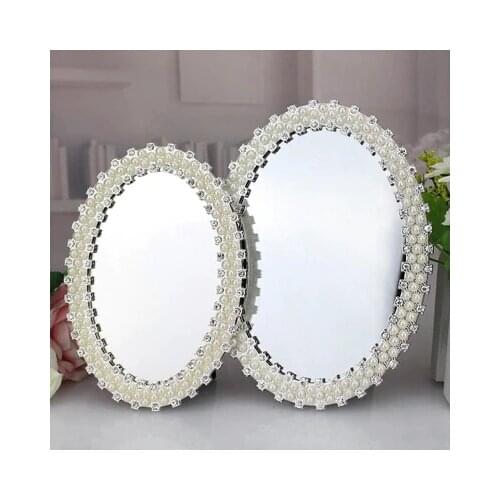 Fashion 6/7 inch desktop mirror with metal frame vanity mirror princess mirrors pearl decorative mirrors for home J015