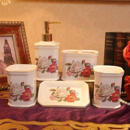 Nordic Mouth Cup Set Sanitary Ware Washing Bathroom Set Bathroom Set Ceramic Fragrance Rose 5 Piece Set LO881110