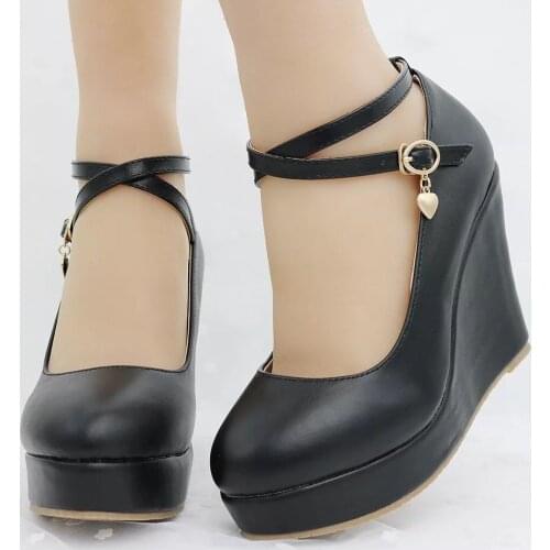 2020 new White Platform Wedges Shoes Pumps Women High Heels Platform Shoes Round Toe Wedges Pumps Cross Tie Wedges Heels