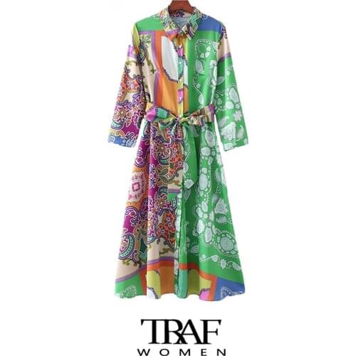 TRAF Za Women Fashion With Belt Totem Print Midi Shirt Dress Vintage Three Quarter Sleeve Button-up Female Dresses Mujer