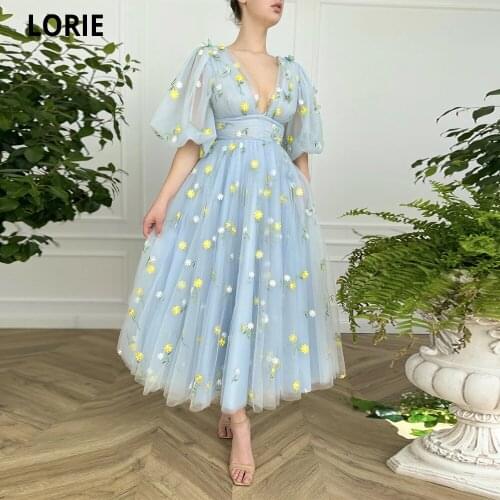 LORIE Deep V-Neck Blue Tulle Midi Prom Dresses Half Puff Sleeves Embroidered Lace Prom Gowns Tea-Length Wedding Party Dresses