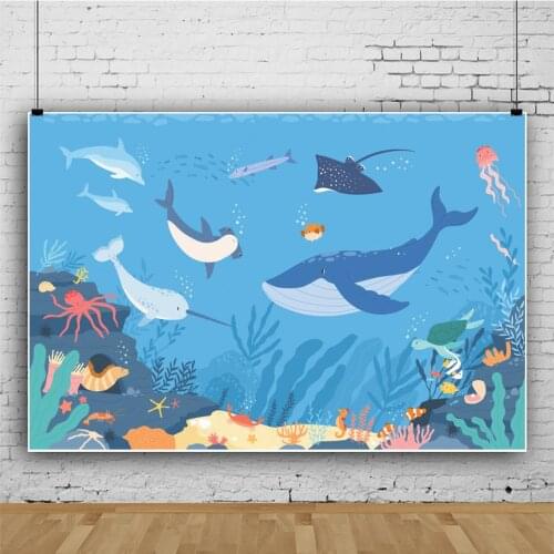 Shark Underwater World Coral Seahorse Portrait Photography Backdrop Kid Birthday Decor Photo Background Studio Photocall Prop
