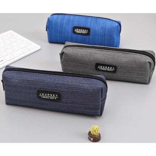 Simple Style Pencil Case Solid Color Stripes Canvas Pencil Bags For Student Zipper Stationery Storage Bag School Office Supply