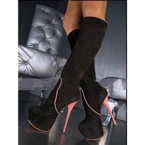Plus Size 45 Black Suede Women Over The Knee Boots Pink Heels High Platform Stiletto Heel Boots Winter Long Boots Customized