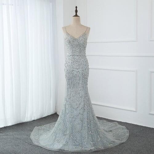 Luxury sparkling Silver Diamonds Mermaid Evening Dress Straps Glitter Tulle Beads Backless Long Evening Gown Formal Dresses