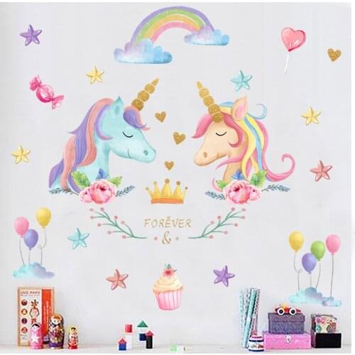 DIY Cartoon Unicorn Wall Stickers Girls Baby Childrens Room Wall Decoration Waterproof Vinyl Mural art Films PVC Decals