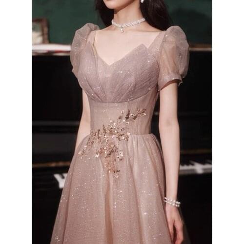 Light Luxury Pink Champagne Evening Dresses V-Neck Puff Sleeve Backless Shiny Sequined A-Line Banquet Evening Party Gowns New