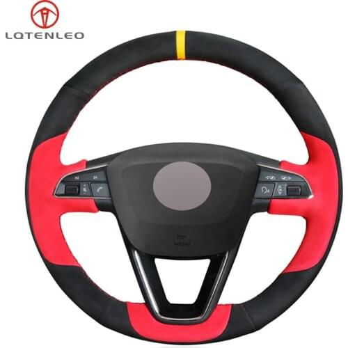 LQTENLEO Red Black Suede Handsewing Car Steering Wheel Cover For Seat Leon 5F Mk3 2013-2019 Ibiza 6J Arona Alhambra 2016-2019
