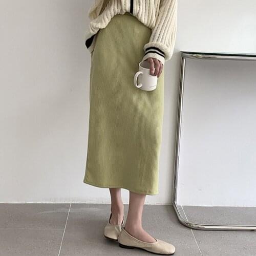 Womens Skirt Straight Elastic High Waist Knit Female One-step Skirts Solid Candy Split Mid-calf 2021 Spring Summer Young Style