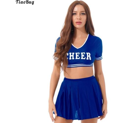Women Cheerleading Uniform Role Play Outfit Letter Print Contrast Color Trim V Neck Short Sleeve Crop Top With Pleated Skirt