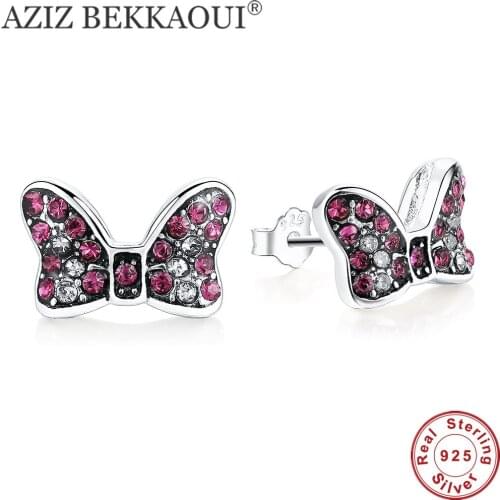 100% 925 Sterling Silver Stud Earrings Red Crystal Minnie Shape Earrings for Women Lovely Cute Stud Earring for Girl Valentine