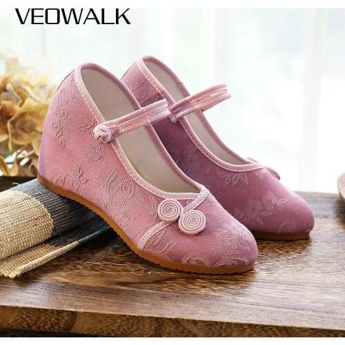 Veowalk 7cm Hidden Wedge Women Cotton Fabric Shoes Chinese Lucky Knot Non-Skid Pumps with Buckles Elegant Ladies High Heel Shoes