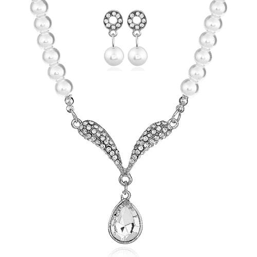 Fashion Simplement Design Imitation Pearls Statement Necklace And Earrings For Women Water Drop Pendant Lady Party Jewelry Set