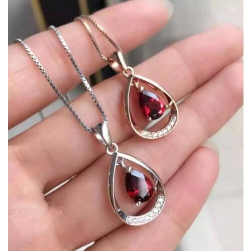Natural red garnetz stone pendant 925 Sterling silver Natural gemstone Pendant Necklace trendy water drop women girl jewelry