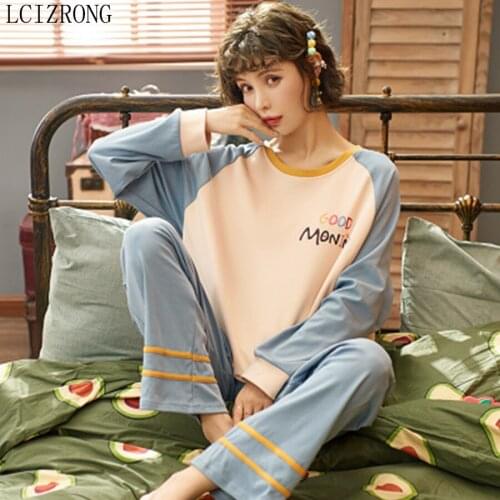 Cute Cartoon Print Women Pajamas Set Spring Long Sleeve O Neck Home Clothes Comfortable Cotton Lingerie Nightgown Female