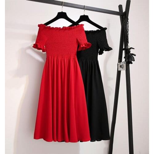Women Summer Dress Plus Size Sexy Kawaii Pleated Elastic Chest Empire Babydoll Frill Off Shoulder Dresses Ladies vestidos