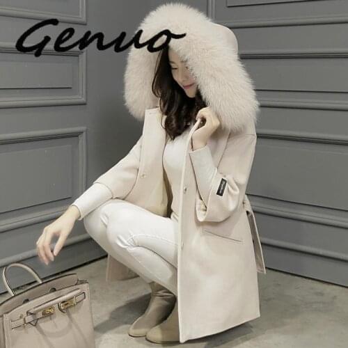 Genuo New 2019 Faux Fox Fur Collar Hooded Womens Wool Coat Lady Fashion Single Breasted Female Suit Slim Casaco Feminino