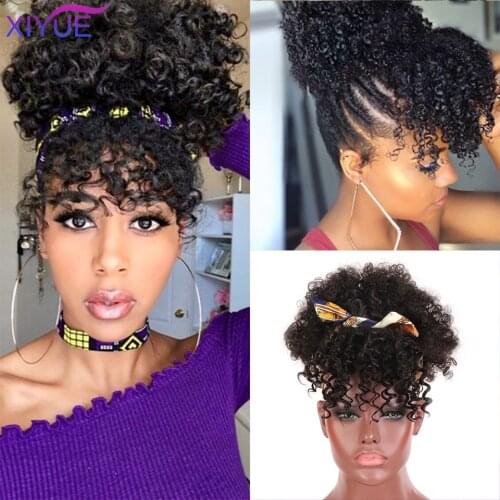 Puff Afro Kinky Short Curly Bangs Drawstring Afro Chignon Short Ponytail Kinky Curly with Bangs Fringe Synthetic Hair Extension