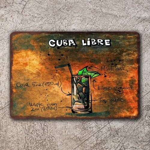 Cuba Libra Cocktail Recipe Menu Vintage style Retro Metal Sign, bar pub mancave