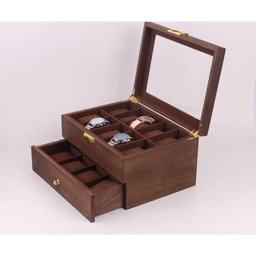 Wooden Watch Box Square Holder Storage Display Box Organizer Luxury Retro Solid Walnut Rosewood 20 Epitopes Transparent Glass