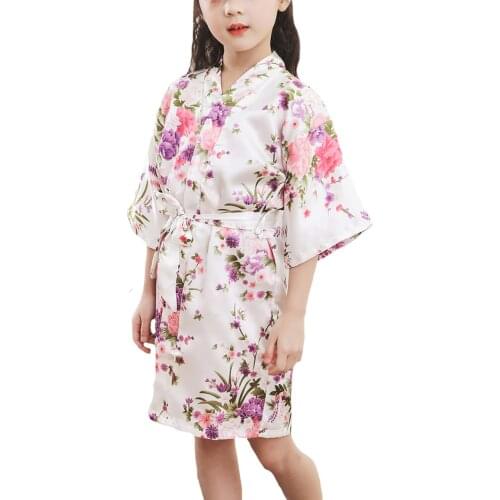 Kids' Floral Satin Kimono Robe Cheery Bathrobe Flower Girl Getting Ready White Robe for Wedding Spa Party Birthday