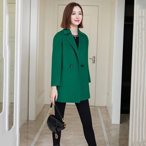 Double-sided Cashmere Coat Womens 2020 Autumn Winter Green 100% Wool Coat Female Double-breasted Slim Woolen Coat Women Q187
