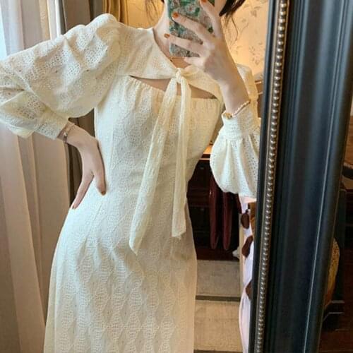 Elegant Hollow Out Lace Dress Women One Piece Long Sleeve Party Dress Female Vintage Square Collar 2020 Autumn Winter Midi Dress